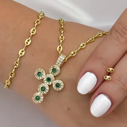 Juego de Cadena Tejido Gucci de Dama de 45cm de 3mm de Grosor + Cruz verde Esmeralda + Topo Gucci + Pulsera Gucci en oro Laminado 18k con Garantia de por vida