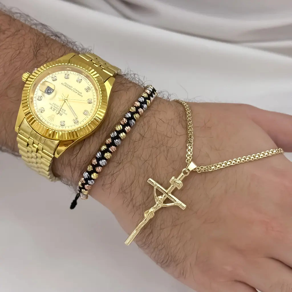 Cadena Tejido chino de Hombre 60cm 3 de Grosor + Cristo Madero de Proteccion + Pulsera Doble Balin Italiano de 5mm de 3 oro Laminado 18k con garantia de por vida