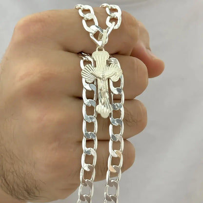 Cadena Cubana 60cm -5mm + Cristo Madero para Caballero en Plata 925 con Garantia de por vida