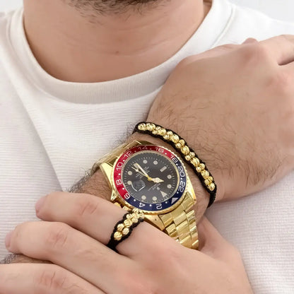 Juego de Pulsera Doble Carril de Balin Italaino de 4mm + Anillo Tejido Balin Italiano de 4mm en Oro Laminado 18k con Garantia de por vida + Reloj Rolex de Alta Gama 1.1 con Garantia