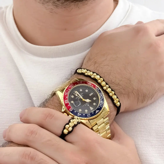 Juego de Pulsera Doble Carril de Balin Italaino de 4mm + Anillo Tejido Balin Italiano de 4mm en Oro Laminado 18k con Garantia de por vida + Reloj Rolex de Alta Gama 1.1 con Garantia