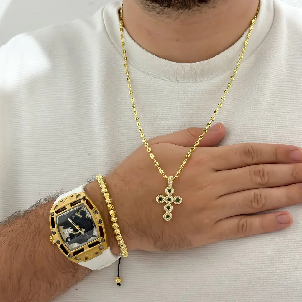 Cadena  Tejido Gucci 60cm + Dije Cruz Cristo Circones Verde  + Pulsera Balin Itlaino 6mm + Reloj  Guess con Garantia