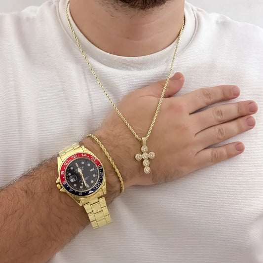Cadena Tejido Lazo de Hombre de 60cm de 3mm de Grosor + Cruz Cristo con Circones Cristales de Pidras swarosky +Pulsera Lazo de 20cm de 3mm Grosor en oro Laminado |18k con Garantía de por vida  + Reloj Rolex de Alta Gama con Garantia
