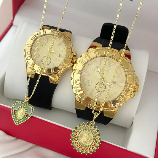Juego de Cadenas para Parejas  Tejido Caracol Hombre 60cm + Dama de 45cm + Dije  de virgen guadalupe con micro Circonia en  Oro laminado 18k con Garantia de por vida + Reloj Invicta de Parejas con Garantia de por vida