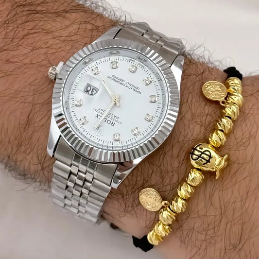 Manilla Abundancia Y Proteccion de San Miguel y San Benito  Balin italiano de 4mm con bolsa de dinero en Oro Laminado 18k con Garantia de por vida + Reloj de Alta Gama en oro laminado 18k con garantia de por vida