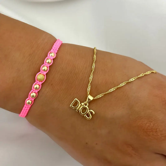 Juego de cadena Singapur + Dije Dios + Manilla  Balin 4mm en oro laminado 18k con Garantia de por vida