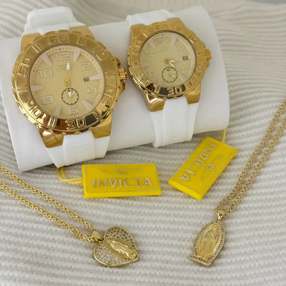 Juego de Cadenas para Parejas  Tejido Chino Hombre 60cm + Dama 45cm + Dije de Virgen Guadalupe Proteccion en Oro Laminado 18k con Garantia de por vida  + Reloj Invicta de parejas  con Garantia