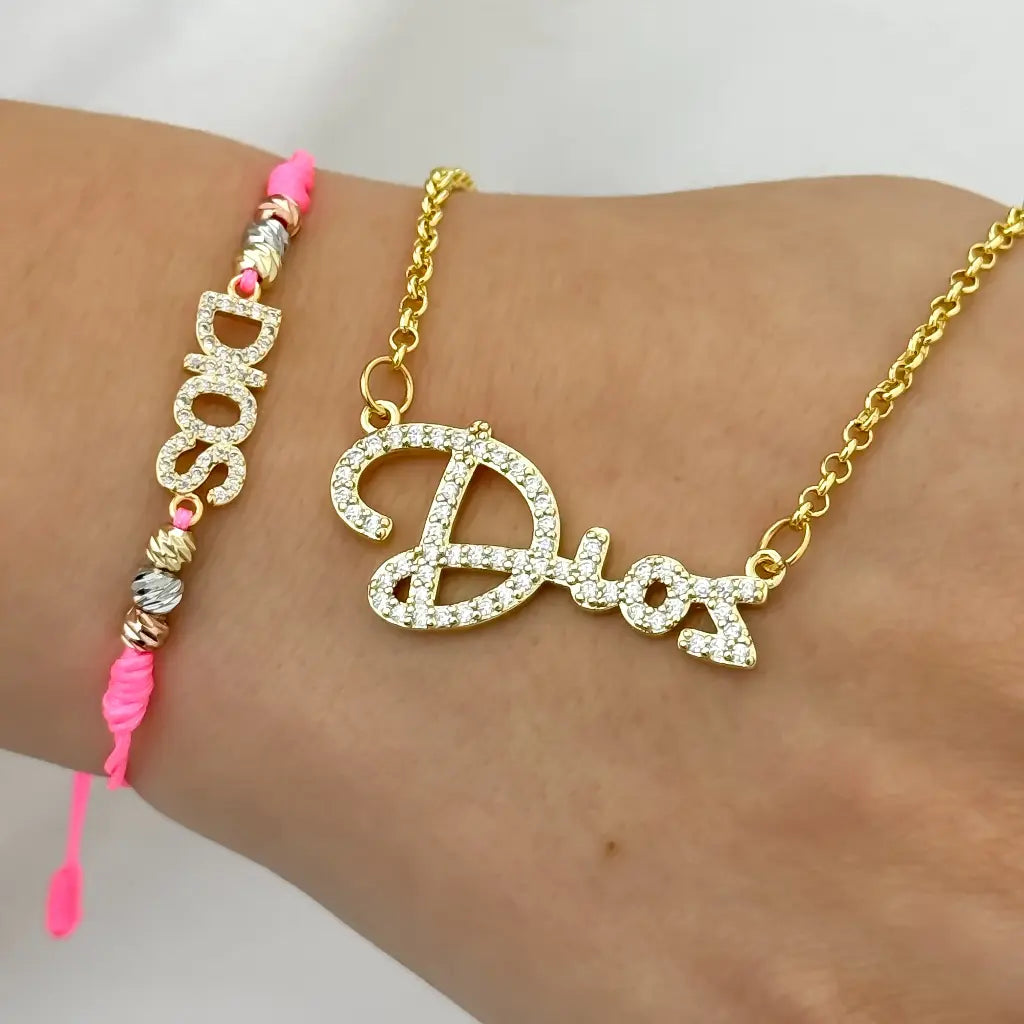 Collar  para Dama Dije de Dios + Pulsera de Dios en  Baño de Oro de 14k con Garantia de por vida