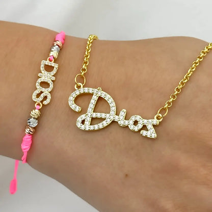 Collar  para Dama Dije de Dios + Pulsera de Dios en  Baño de Oro de 14k con Garantia de por vida