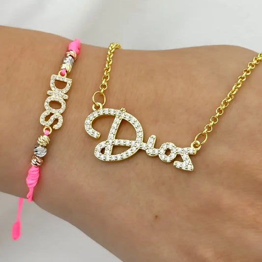 Collar  para Dama Dije de Dios + Pulsera de Dios en  Baño de Oro de 14k con Garantia de por vida