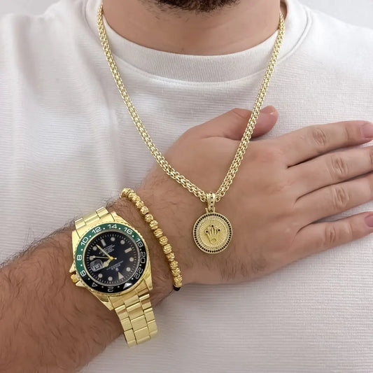 Juego de Cadena Tejido Chino de Hombre de 60cm de 4mm de Grosor + Dije de Corona Rolex  + Pulsera balin Italiano de 6mm en Oro Laminado 18k con Garantía de por vida + Reloj de Alta Gama