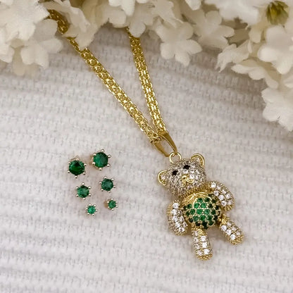 Cadena Tejid Chino de Dama de 45CM + Oso Articulado Circones  Verde Esmeralda +Trio de Topos Verde Esmeralda Pequeño Mediano y Grande en Oro Laminado 18k con Garantia de por vida