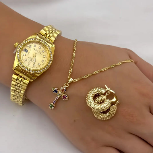 Cadena Singapur de Dama +  Dije Cruz Vicolor + Candongas Diamantadas en Oro Laminado 18k con garantia de por vida + Reloj  rolex de Dama Alta gama con Garantia