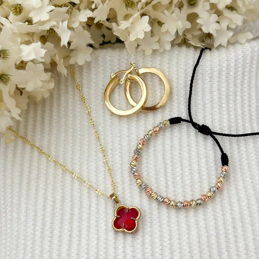 Conjunto de Dama Cadena Tejido Crispeta + Flor Trebol Rojo + pulsera Balin 4mm Italiano + Candongas lisa en Oro Laminado 18k con Garantia de por vida