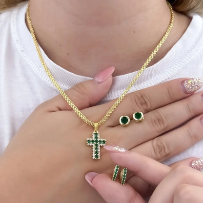Cadena Tejido chino de dama de 45cm -3mm de grosor + Cruz Verde Esmeralda + Candongas verde esmeralda + Topo verde Esmeralda en oro Laminado 18k con Garantia de por vida