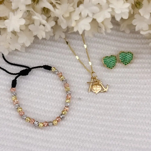 Cadena para Dama Tejido Cubana de 45cm de 2mm de Grosor + Dije de las 3 Gracias +Pulsera de 3 Oros en Balin Italiano de 4mm de Grosor + Topos Verde Esmeralda corazon en Oro Laminado 18k con Garantia de por vida