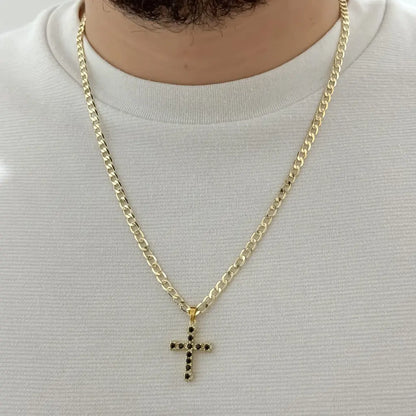 Cadena Cubana de Hombre Gruesa de 60cm de 5mm de Grosor + Cruz Trebol con Micro circones negro en Oro Laminado 18k con Garantia de por vida