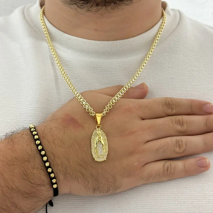 Conjunto Cadena Tejido Chino 60cm -5mm de Grosor + Virgen Guadalupe con Circones + Pulsera Balin italiano 5mm en  Oro Laminado 18k con Garantia de por vida