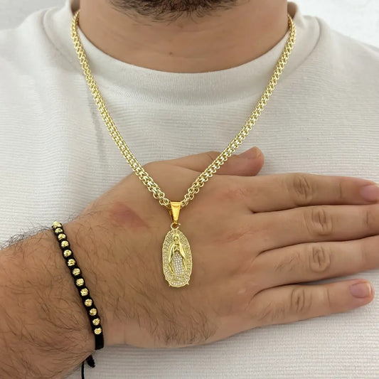 Conjunto Cadena Tejido Chino 60cm -5mm de Grosor + Virgen Guadalupe con Circones + Pulsera Balin italiano 5mm en  Oro Laminado 18k con Garantia de por vida