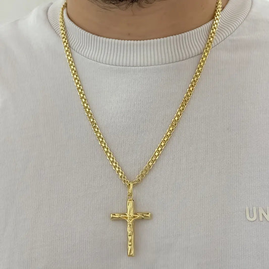 Cadena Tejido Chino Hombre Gruesa de 60cm + Cruz Cristo madero en Oro Laminado 18k con garantia de por vida